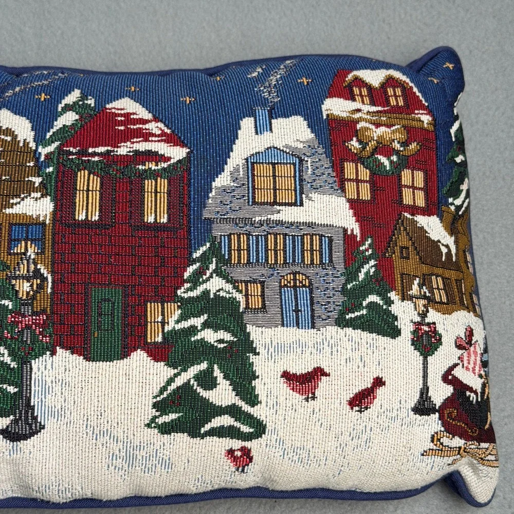 Christmas Winter Village Tapestry Lumbar Pillow Snowman Houses Navy Blue 23x11